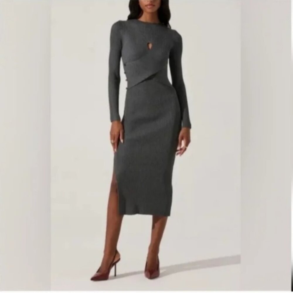 Astr the Label Long Sleeve Sweater Dress Grey Ribbed‎ Midi Bodycon XL  Cutouts